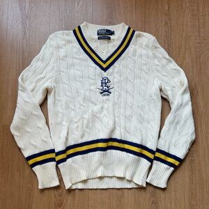 VTG Polo Ralph Lauren Varsity Cricket Striped Trim Knit V-Neck Sweater M RARE
